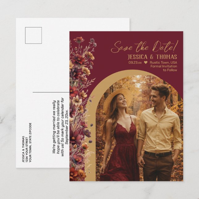 Carte Postale Faire-part Burgundy Wildflowers Photo Wedding Save the Date (Devant / Derrière)