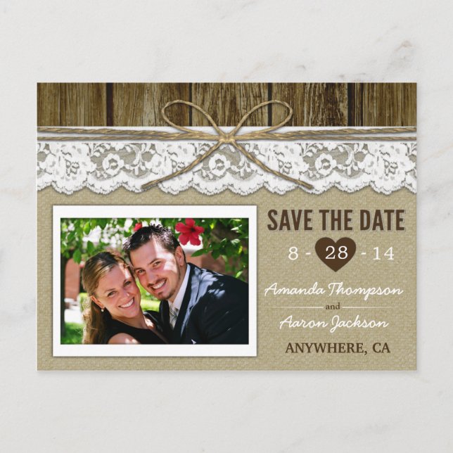 Carte Postale Faire-part Burlap et dentelle Enregistrer la date Mariage Car (Devant)