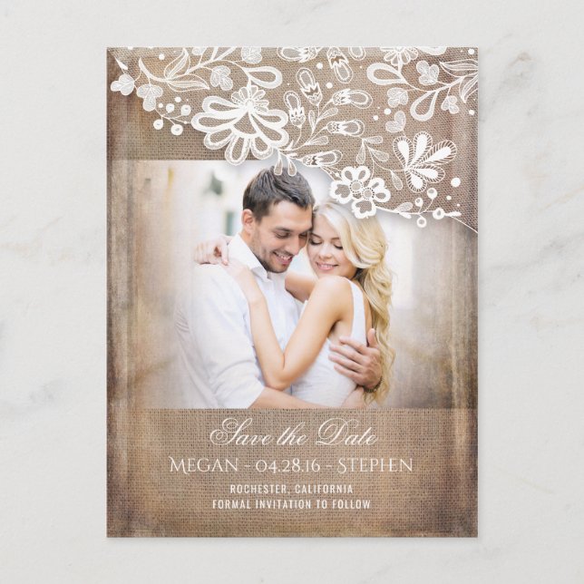 Carte Postale Faire-part Burlap et dentelle Rustic Photo Enregistrer la dat (Devant)