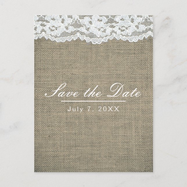 Carte Postale Faire-part Burlap & Lace Simple Mariage rustique Enregistrer  (Devant)
