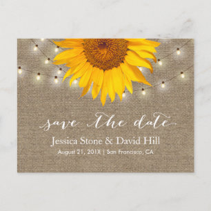 Carte Postale Faire-part Burlap String Lights & Sunflower Enregistrer la da