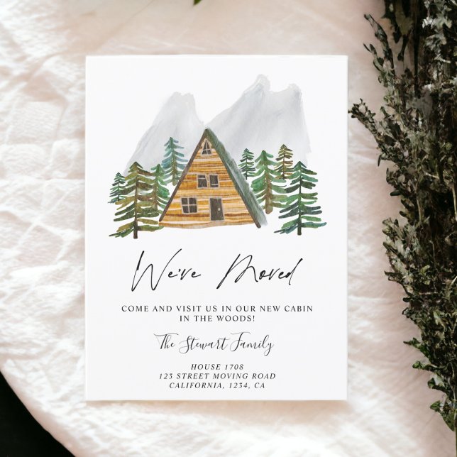 Carte Postale Faire-part Cabine rustique dans l'aquarelle bois se déplaçant (Rustic cabin in the wood watercolor trees moving announcement postcard)