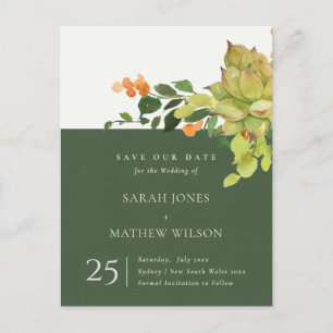 CARTE POSTALE FAIRE-PART CACTUS FLEURIS SUCCULENTS AQUARELLE ENVOI DE DATE