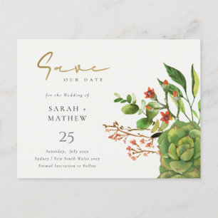 CARTE POSTALE FAIRE-PART CACTUS SUCCULENT ORANGE ÉCONOMISEUR D'EAU SAVE THE