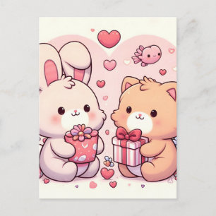 Carte Postale Faire-part Cadeau d'amour de lapin et d'ours mignon kawaii po