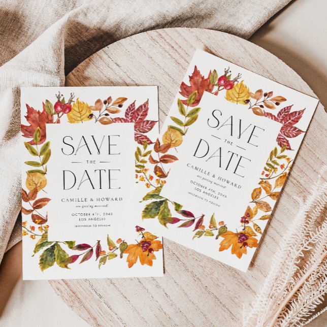 Carte Postale Faire-part Cadre de feuilles d'automne à l'aquarelle, faire-p (Customizable Fall Save the Date Announcement Postcard with Autumn Foliage Frame)