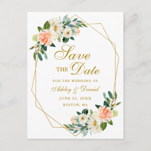 Carte Postale Faire-part Cadre Floral Aquarelle Corail Or Save the Date