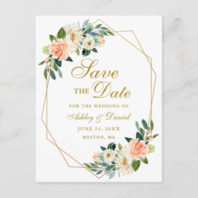 Carte Postale Faire-part Cadre Floral Aquarelle Corail Or Save the Date (Devant)