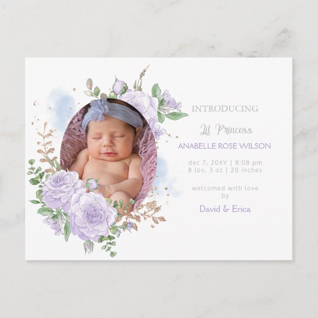 Carte Postale Faire-part Cadre floral Fille Violette Photo Annonce de naiss (Devant)