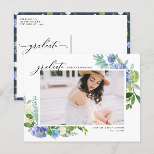 Carte Postale Faire-part Cadre photo aquarelle Hydrangea bleu diplômé