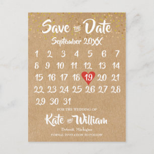 Carte Postale Faire-part Calendrier Coeur Rouge Kraft Rustique Épargnez la