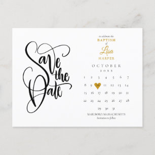 Carte Postale Faire-part Calendrier de baptême avec cœur doré