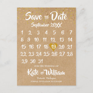 Carte Postale Faire-part Calendrier de cœur en or Kraft rustique, Épargnez