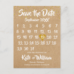 Carte Postale Faire-part Calendrier de Coeur en Or Rustique Kraft Save the