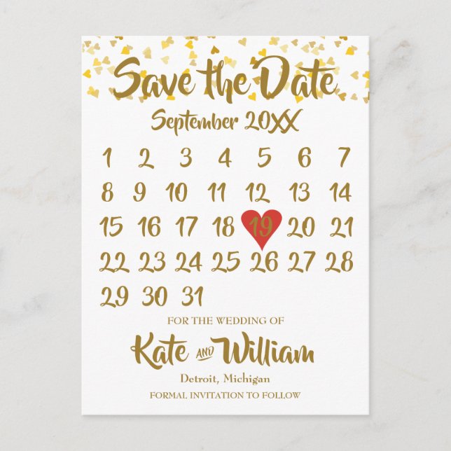 Carte Postale Faire-part Calendrier de confettis Love Hearts pour annoncer  (Devant)