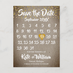 Carte Postale Faire-part Calendrier de l'amour coeur doré Bohème rustique E