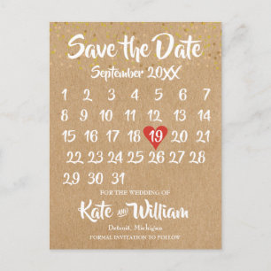 Carte Postale Faire-part Calendrier de l'amour Kraft rustique Enregistrer l