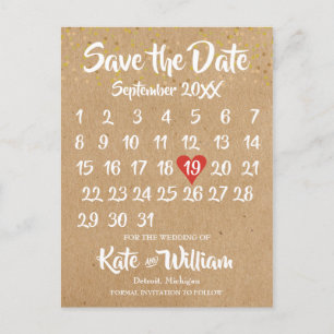 Carte Postale Faire-part Calendrier de l'amour Kraft rustique Épargnez la d