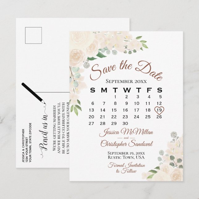 Carte Postale Faire-part Calendrier de mariage à save the date Fleur Floral (Devant / Derrière)
