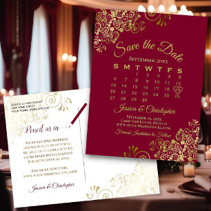 Carte Postale Faire-part Calendrier de mariage à thème bordeaux et or pour 