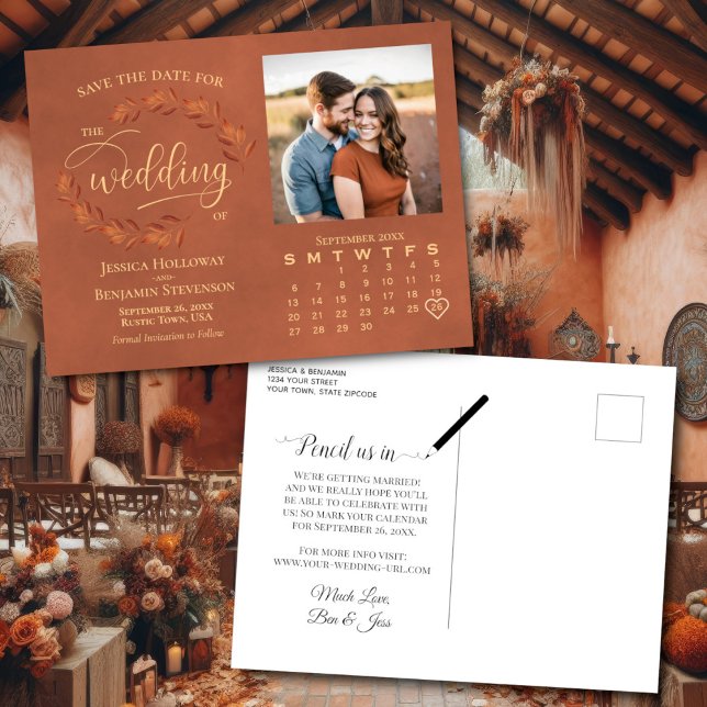 Carte Postale Faire-part Calendrier de mariage avec feuilles en terre cuite (Front/Back)