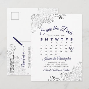 Carte Postale Faire-part Calendrier de mariage bleu marine sur blanc pour a