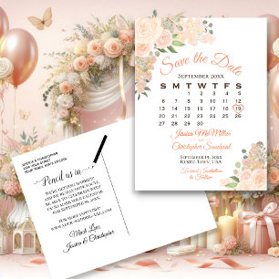 Carte Postale Faire-part Calendrier de mariage floral pêche corail "Save th