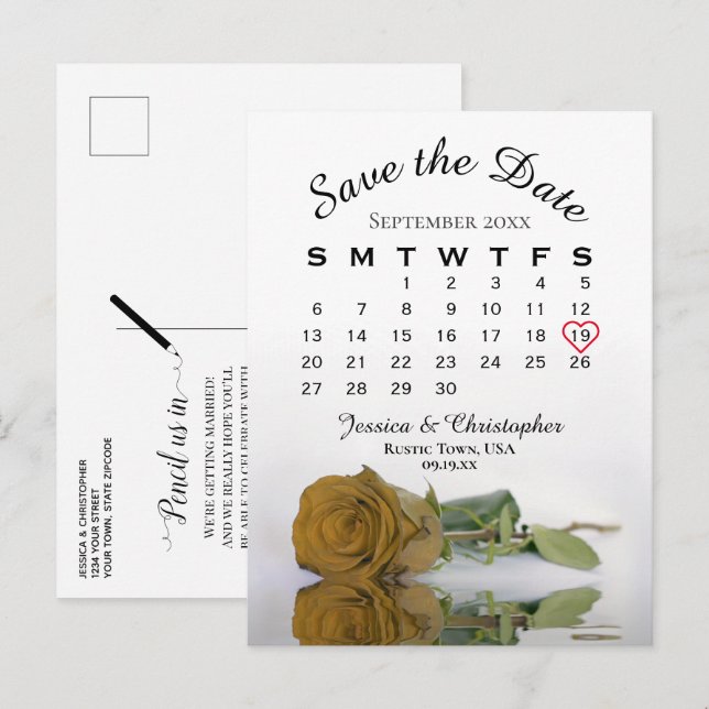 Carte Postale Faire-part Calendrier de mariage Rose Ocres dorés, Save the D (Devant / Derrière)