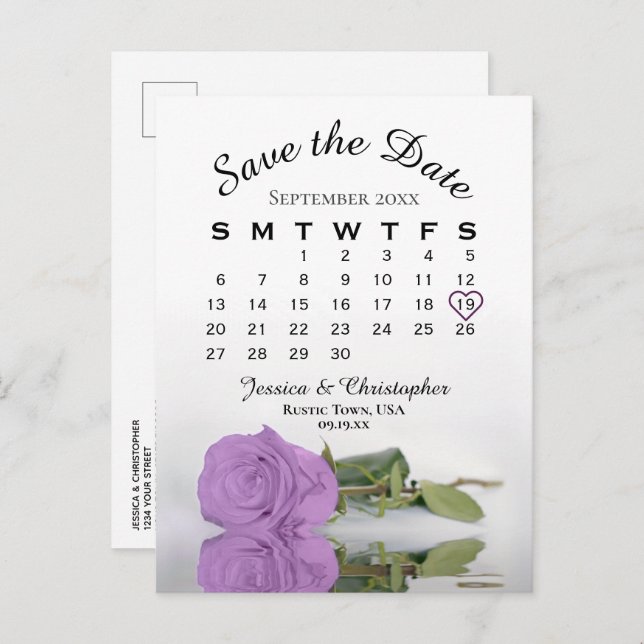 Carte Postale Faire-part Calendrier de mariage Rose pourpre lilas Enregistr (Devant / Derrière)