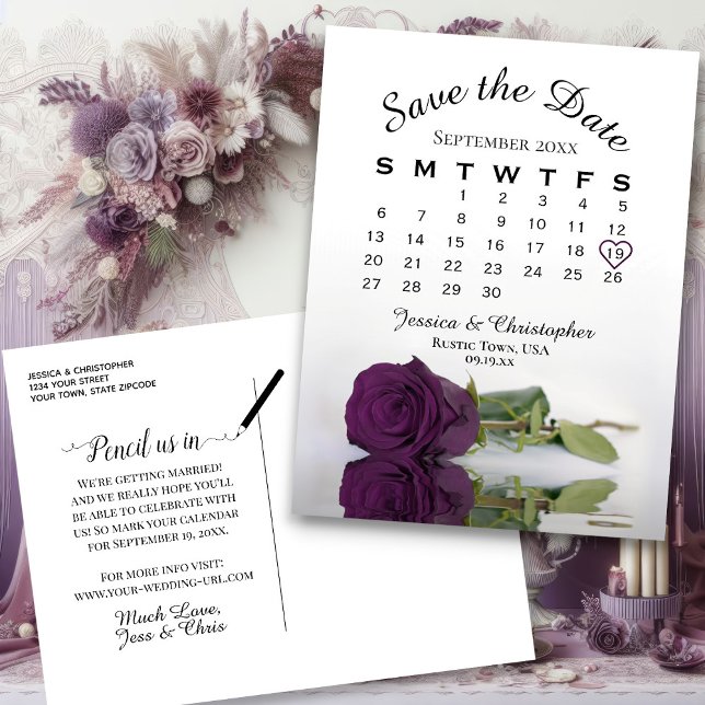 Carte Postale Faire-part Calendrier de mariage Rose Violet Prune Enregistre (Front and Back)