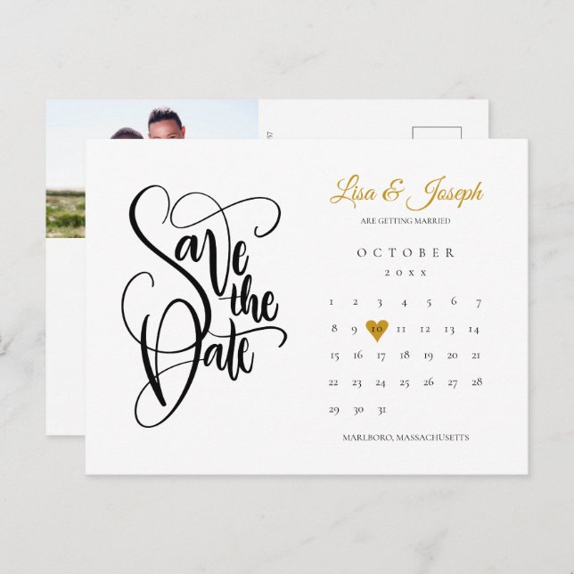 Carte Postale Faire-part Calendrier de mise en mémoire date cœur doré photo (Devant / Derrière)