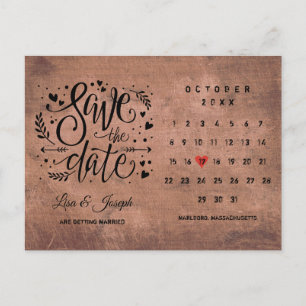 Carte Postale Faire-part Calendrier de mise en vente en bois rustique Cœur 