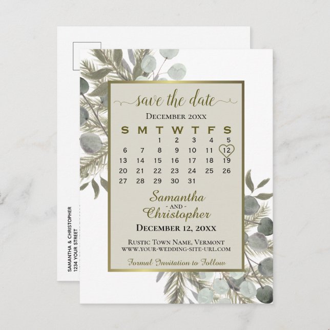 Carte Postale Faire-part Calendrier de mise en vente Eucalyptus & Pin Taupe (Devant / Derrière)