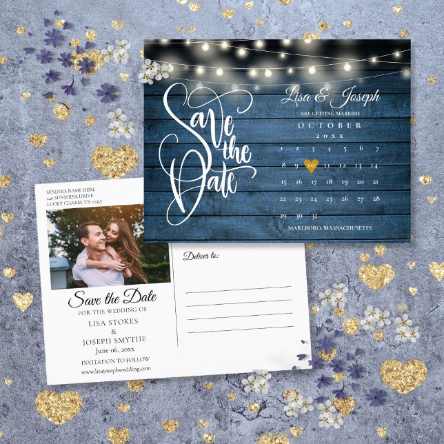Carte Postale Faire-part Calendrier de Photo de Guirlande de Lumineuses Ble (Blue String Lights Save the Date Calendar Photo Announcement Postcard)