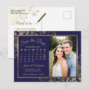 Carte Postale Faire-part Calendrier de photo de mariage Navy & Gold pour an