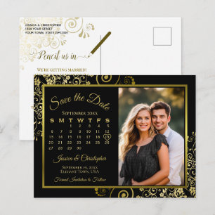 Carte Postale Faire-part Calendrier de photo de mariage noir et or pour sau