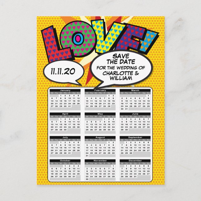 Carte Postale Faire-part Calendrier de préavis Comic Book Pop Art 2020 (Devant)