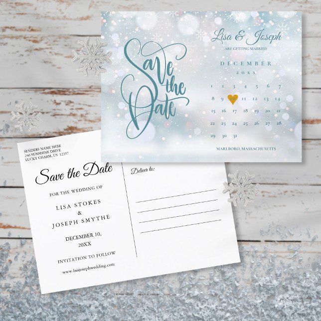 Carte Postale Faire-part Calendrier d'hiver Gold Heart Enregistrer la date (Créateur téléchargé)