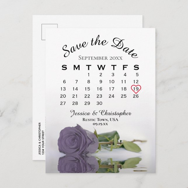 Carte Postale Faire-part Calendrier du Mariage Dusty Purple Rose Enregistre (Devant / Derrière)