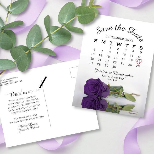 Carte Postale Faire-part Calendrier du Mariage Rose Royal Purple Enregistre (back and front)