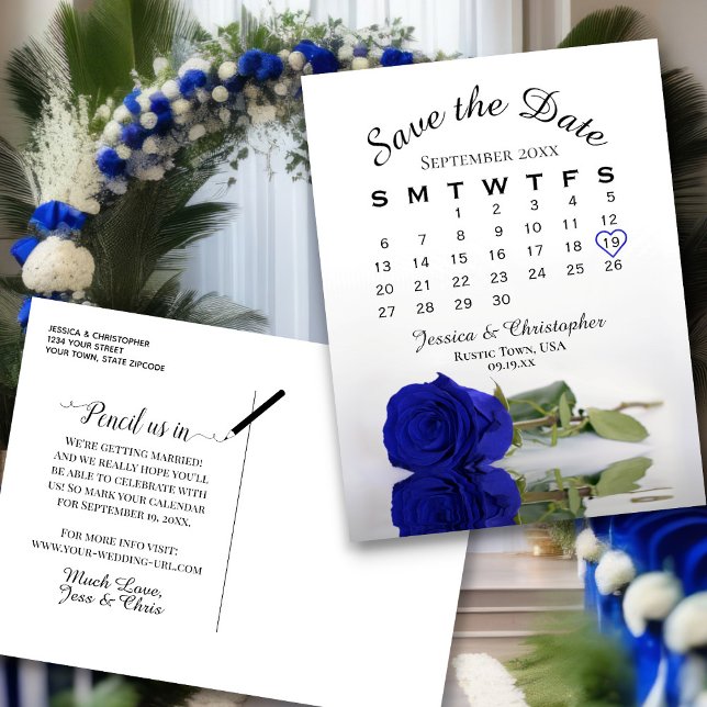 Carte Postale Faire-part Calendrier du Mariage Royal Blue Rose Enregistrer  (Front/Back)