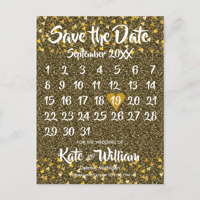 Carte Postale Faire-part Calendrier Enregistrer la date Gold Love Hearts Pa (Devant)