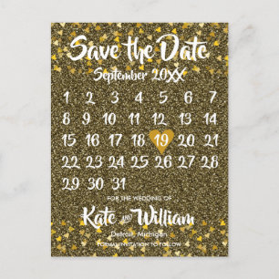 Carte Postale Faire-part Calendrier Épargnez la Date Or Cœurs Amour Paillet