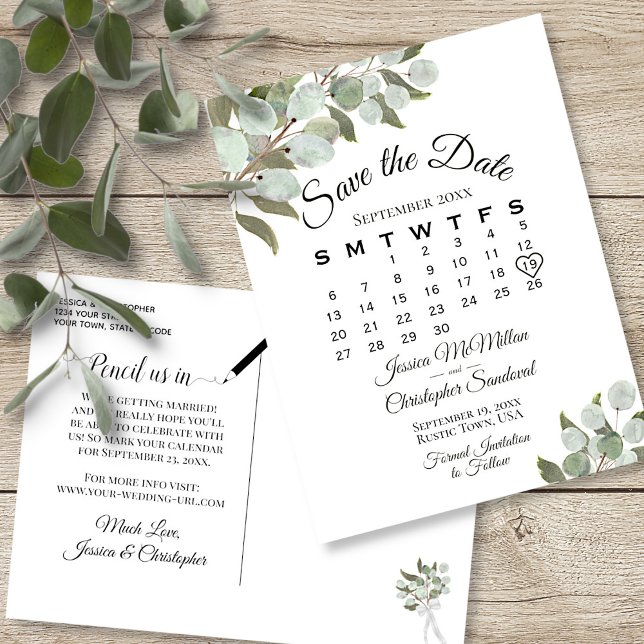Carte Postale Faire-part Calendrier Eucalyptus Mariage blanc Enregistrer la (Front and Back)