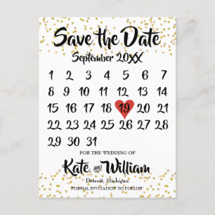 Carte Postale Faire-part Calendrier Gold Dust Love Heart Enregistrer la dat