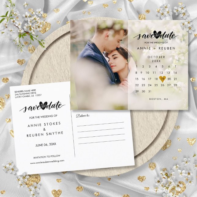 Carte Postale Faire-part Calendrier Gold Heart Photo Enregistrer la date (Calendar Gold Heart Photo Save the Date Announcement Postcard)