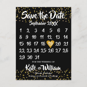 Carte Postale Faire-part Calendrier Gold Love Heart Enregistrer la date