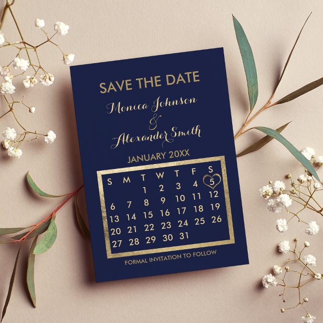 Carte Postale Faire-part Calendrier Luxueux Bleu Nuit Oré Sauvegarder la Da (Luxury navy Blue Gold Calendar Save the Date )