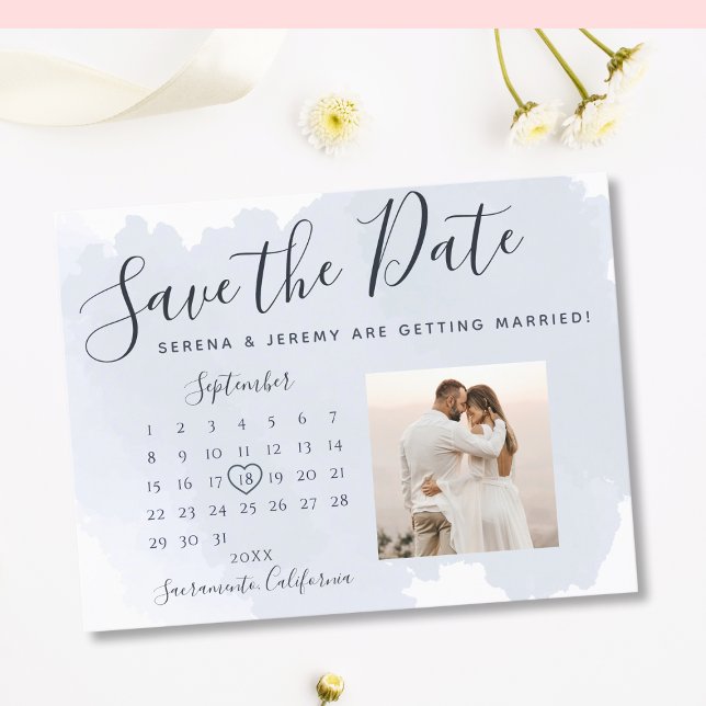 Carte Postale Faire-part Calendrier Mariage de lavage couleur bleu-outremer (Créateur téléchargé)