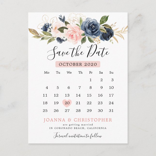 Carte Postale Faire-part Calendrier Rose Fushia Bleu Marine Enregistrez la  (Devant)